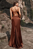 Mermaid Spaghetti Straps Floor-Length Coffee Satin Bridesmaid Dress