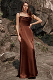 Mermaid Spaghetti Straps Floor-Length Coffee Satin Bridesmaid Dress