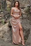 Mermaid Spaghetti Straps Floor-Length Blush Sequin Bridesmaid Dress with Split Front