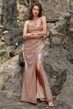 Mermaid Spaghetti Straps Floor-Length Blush Sequin Bridesmaid Dress with Split Front