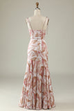 Blush Mermaid Square Neck Floral Print Bright Satin Boho Bridesmaid Dress