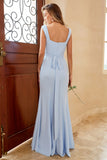 Sky Blue Mermaid Square Neck Floor Length Bridesmaid Dress with Slit