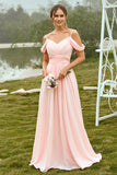 Blush A Line Off The Shoulder Long Bridesmaid Dress with Ruffles