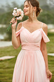 Blush A Line Off The Shoulder Long Bridesmaid Dress with Ruffles