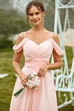 Blush A Line Off The Shoulder Long Bridesmaid Dress with Ruffles