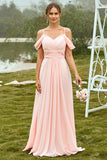 Blush A Line Off The Shoulder Long Bridesmaid Dress with Ruffles