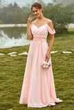 Blush A Line Off The Shoulder Long Bridesmaid Dress with Ruffles