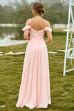 Blush A Line Off The Shoulder Long Bridesmaid Dress with Ruffles