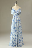 Blue A Line Off the Shoulder Floral Print Long Bridesmaid Dress