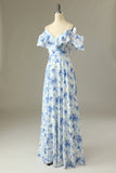 Blue A Line Off the Shoulder Floral Print Long Bridesmaid Dress