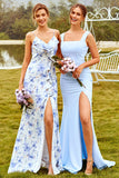 Blue Sheath Spaghetti Straps Floral Print Long Bridesmaid Dress with Split Front