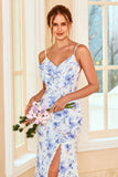 Blue Sheath Spaghetti Straps Floral Print Long Bridesmaid Dress with Split Front