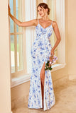 Blue Sheath Spaghetti Straps Floral Print Long Bridesmaid Dress with Split Front