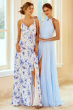 Blue Sheath/Column Spaghetti Straps Floral Print Bridesmaid Dress