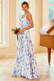 Blue Sheath/Column Spaghetti Straps Floral Print Bridesmaid Dress