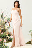 Pink A Line Spaghetti Straps Chiffon Bridesmaid Dress with Slit