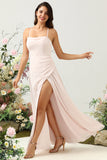 Pink A Line Spaghetti Straps Chiffon Bridesmaid Dress with Slit