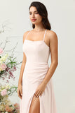 Pink A Line Spaghetti Straps Chiffon Bridesmaid Dress with Slit