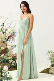 Sage A Line Spaghetti Straps Ruched Long Chiffon Bridesmaid Dress with Slit