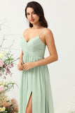 Sage A Line Spaghetti Straps Ruched Long Chiffon Bridesmaid Dress with Slit