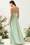 Sage A Line Spaghetti Straps Ruched Long Chiffon Bridesmaid Dress with Slit