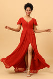 Rust Red A-Line Long Chiffon Bridesmaid Dress with Slit