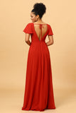 Rust Red A-Line Long Chiffon Bridesmaid Dress with Slit