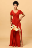 Rust Red A-Line Long Chiffon Bridesmaid Dress with Slit