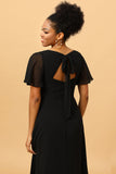 Black A Line V-Neck Long Chiffon Floor Length Dress with Slit